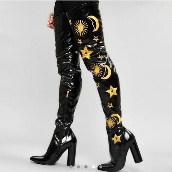 koi Shoes - Onyx Astrid Black Vinyl Embroidered Thigh Highs